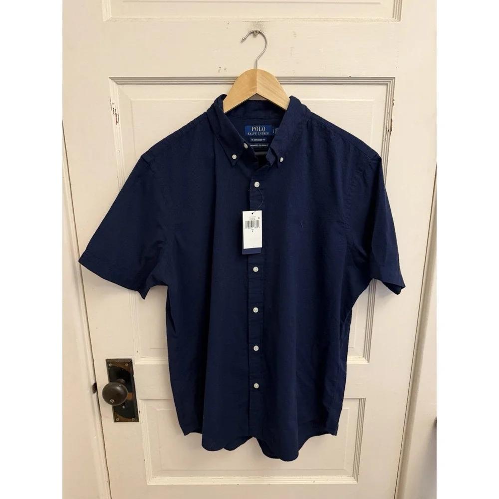 Polo Ralph Lauren Navy Untucked Fit SS Button Down Seersucker Size Large New